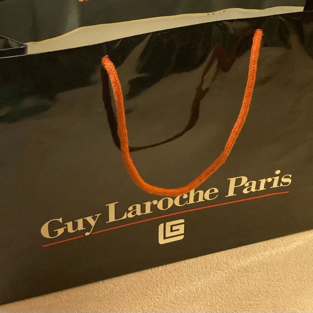 Guy Laroche Paris,black gloss glazed paper branded shopping tote,orange handles